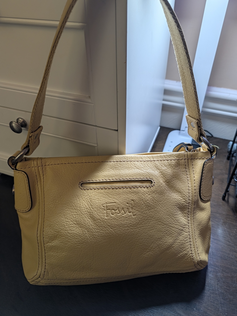 Fossil Long Live Vintage Yellow Pebbled Leather Baguette Shoulder Bag